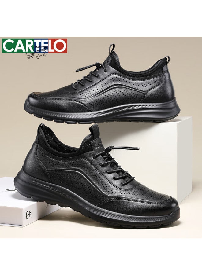 Cartelo Men's Shoes, Summer Breathable Hollow Slip-on Cowhide Sandals, Business Sports Casual Leather Shoes, 5223 Black, Size 44 - Image 4