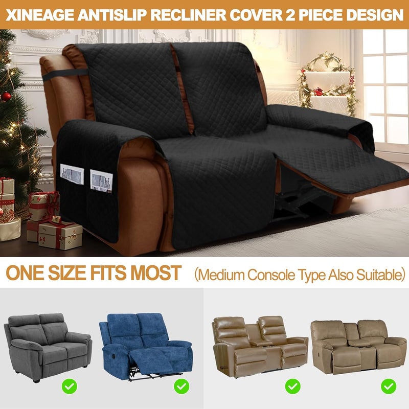 XINEAGE غطاء كرسي استرخاء مقاوم للماء، أغطية أريكة استرخاء مزدوجة بمقعدين مع جيوب، غطاء واقي مبطن سميك لكرسي الاسترخاء للكلاب والحيوانات الأليفة مع ظهر مانع للانزلاق وحزام (أريكة استرخاء مزدوجة، أسود) - Image 3