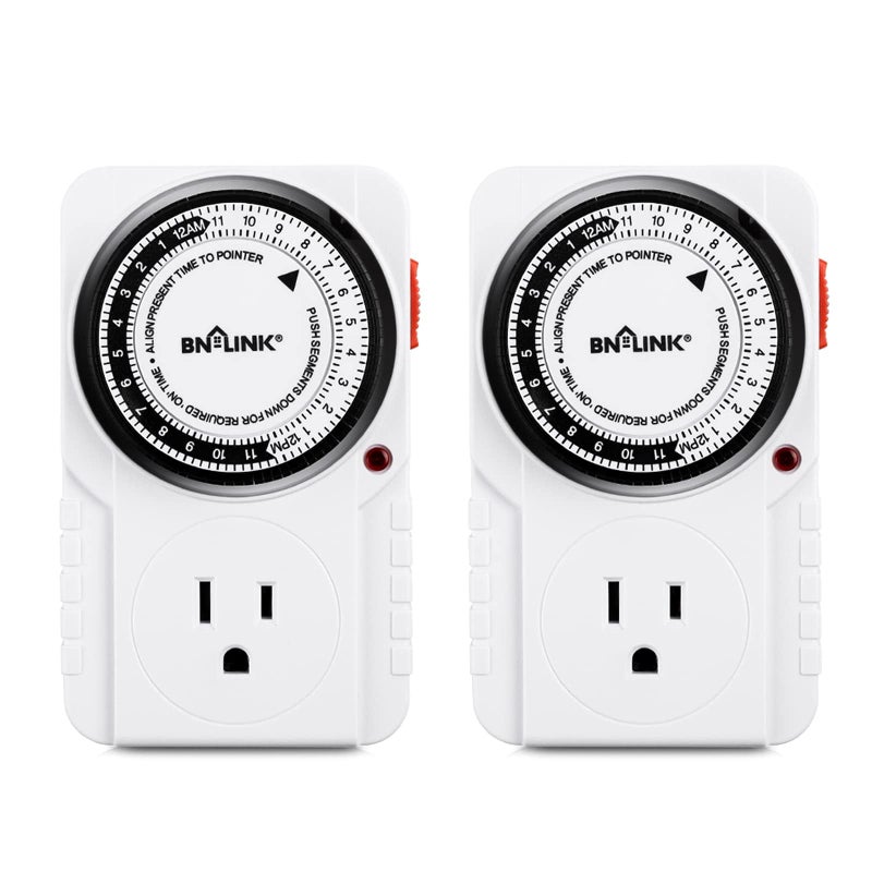 BNLINK 24 Hour Plugin Mechanical Timer Grounded for Aquarium Grow Light Hydroponics Indoor Lighting Home Appliances ETL Listed 125VAC 60 Hz 1875W 15A 12HP 2 Pack