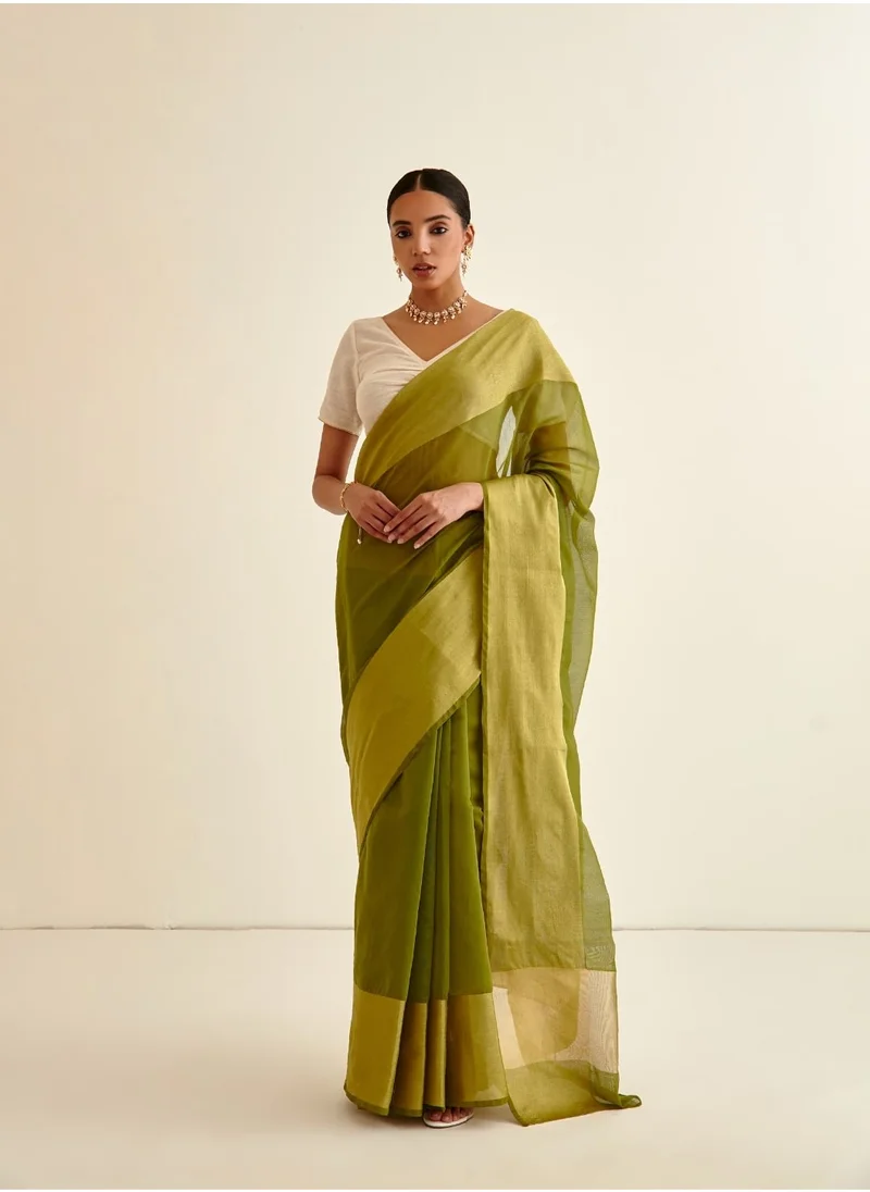 أبهشتي Banarasi Woven sari with contrasting border-Sheen Green