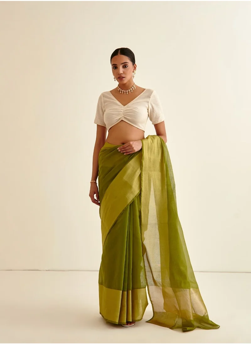 أبهشتي Banarasi Woven sari with contrasting border-Sheen Green