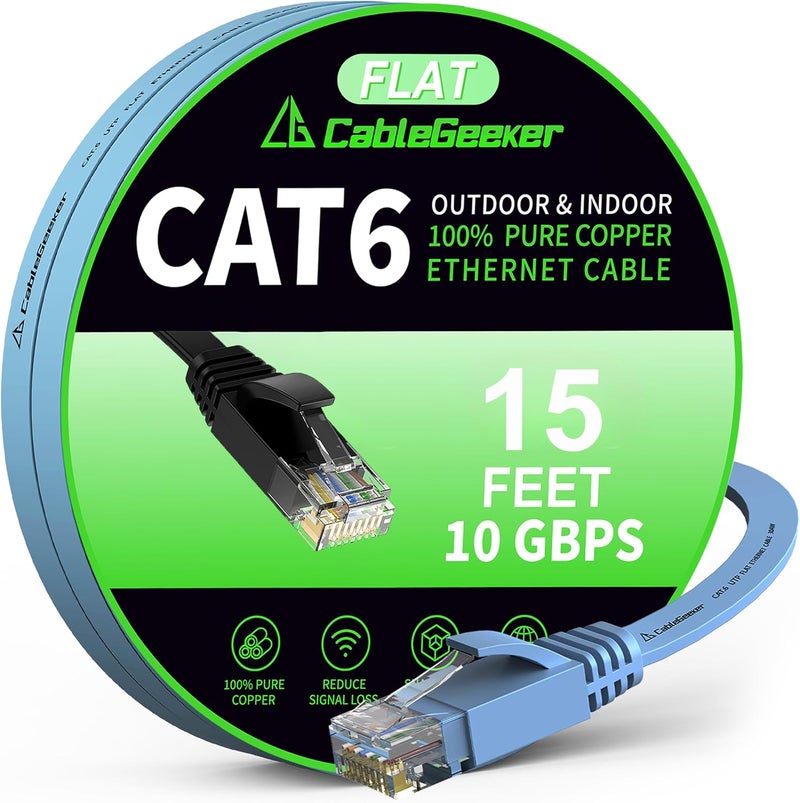 CableGeeker Cat 6 Ethernet Cable 15ft, Indoor&Outdoor, High Speed 10Gbps Flat Internet Network Cable, Cat6 Ethernet Patch Cable Short, Cat6 Computer Cable with Snagless RJ45 Connectors, Blue - Image 1