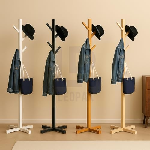 LEOPAX Bamboo Coat Hanger|Free Standing Tree Shaped Coat Stand With 8 Hooks For Hanging Coats, Hats, Bag|Cloth Stand For Bedroom&Living Room|Assorted Color, 1 Piece (50 X 50 X 151Cm) - Image 1