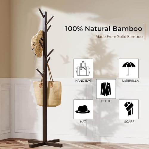 LEOPAX Bamboo Coat Hanger|Free Standing Tree Shaped Coat Stand With 8 Hooks For Hanging Coats, Hats, Bag|Cloth Stand For Bedroom&Living Room|Assorted Color, 1 Piece (50 X 50 X 151Cm) - Image 2