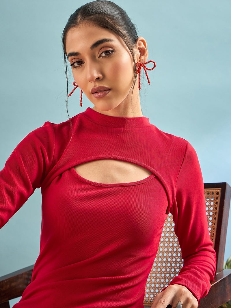 بانيت فستان ميدي مضلّع لتقسيم الجسم (Bodycon) بتصميم فتحات (Cut-Out) - أحمر - Image 3