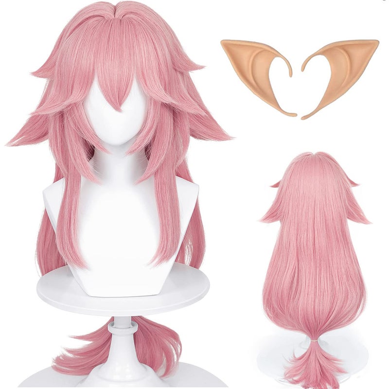 Alacos Pink Wig for Yae Miko Cosplay Anime Long Spicky Women Cosplay Wigs for GI Roles Heat Resistant Pink Long Hair Wigs with a Free Cap Perfect for Halloween Party