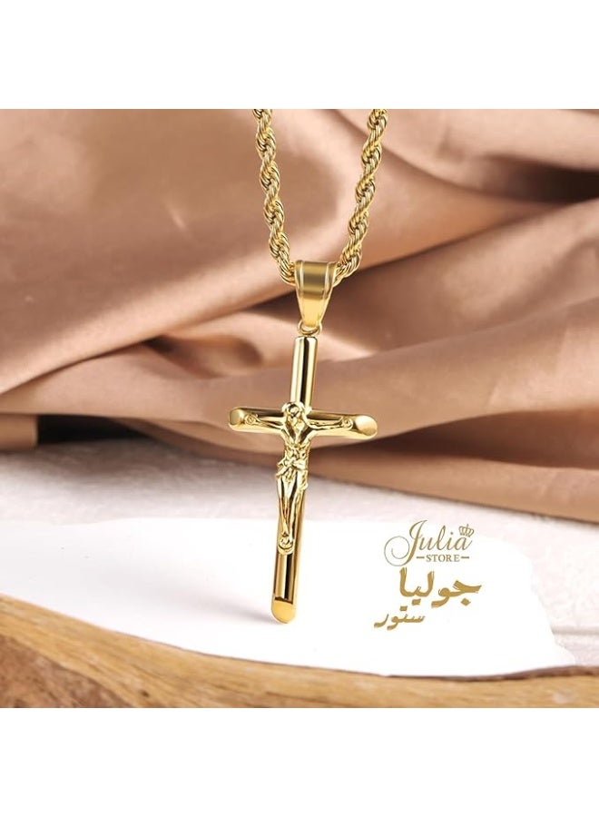 Julia Store 18K Gold Plated Stainless Steel Faith Orthodox Catholic Cross Jesus Christ Twist Rope Chain Trendy Dainty Simple Link Necklaces for Women Men Cross Chain Crucifix Necklace Women - Image 4