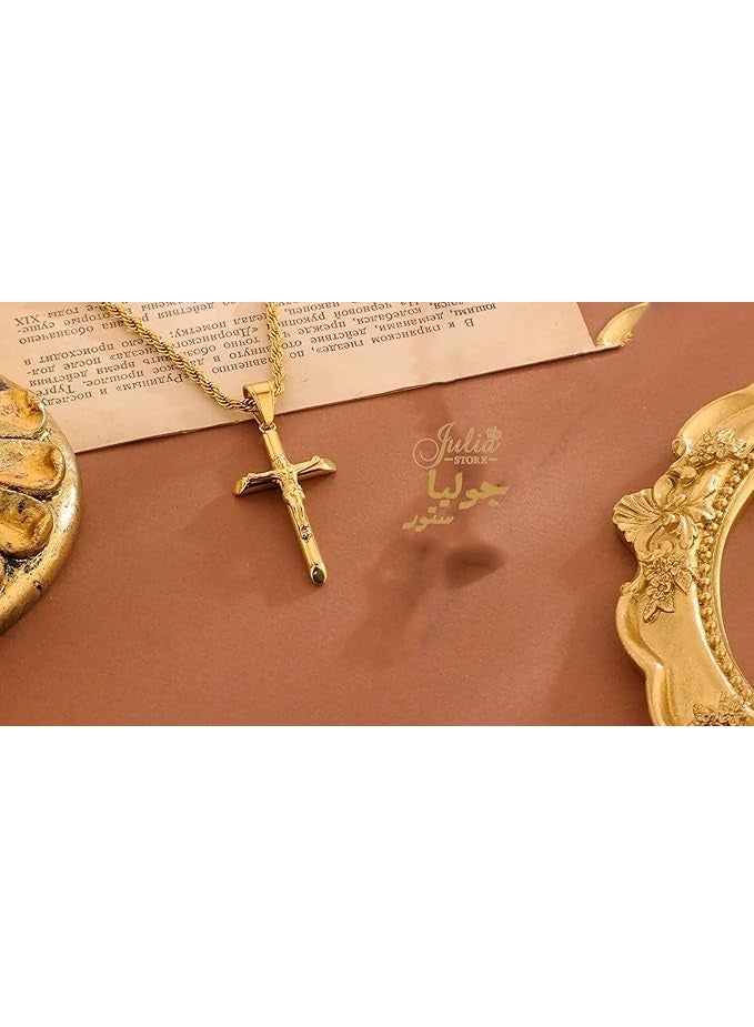 Julia Store 18K Gold Plated Stainless Steel Faith Orthodox Catholic Cross Jesus Christ Twist Rope Chain Trendy Dainty Simple Link Necklaces for Women Men Cross Chain Crucifix Necklace Women - Image 5