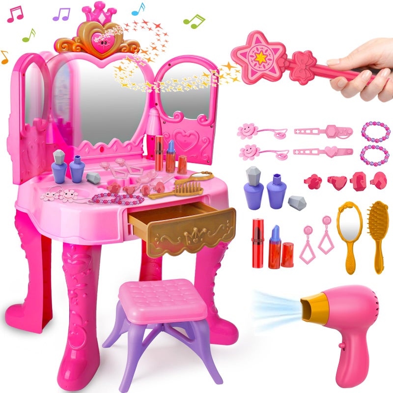 AugToy Toddler Vanity Magic Makeup Set Table Chair Girl Toy Automatically Mirror with Music Light Pink Toys for 2 3 4 Year Old Girl Hair Salon Pretend Play Princess Dress Up Playset Valentine Gift Age 35 - Image 4