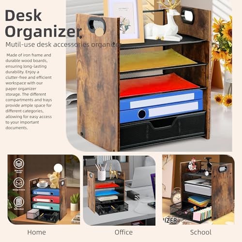 Boershun Wood Desk Organizer - 5-Tier Desktop File Organizer with Drawer, Wooden Paper Tray, Office Desk Organzier and Accessories for Papers, Mail, Notebooks, Stationery - Image 4