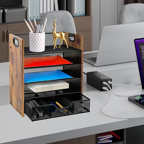 Boershun Wood Desk Organizer - 5-Tier Desktop File Organizer with Drawer, Wooden Paper Tray, Office Desk Organzier and Accessories for Papers, Mail, Notebooks, Stationery - Image 3