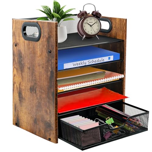 Boershun Wood Desk Organizer - 5-Tier Desktop File Organizer with Drawer, Wooden Paper Tray, Office Desk Organzier and Accessories for Papers, Mail, Notebooks, Stationery - Image 1