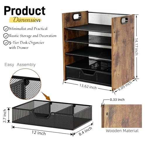 Boershun Wood Desk Organizer - 5-Tier Desktop File Organizer with Drawer, Wooden Paper Tray, Office Desk Organzier and Accessories for Papers, Mail, Notebooks, Stationery - Image 2