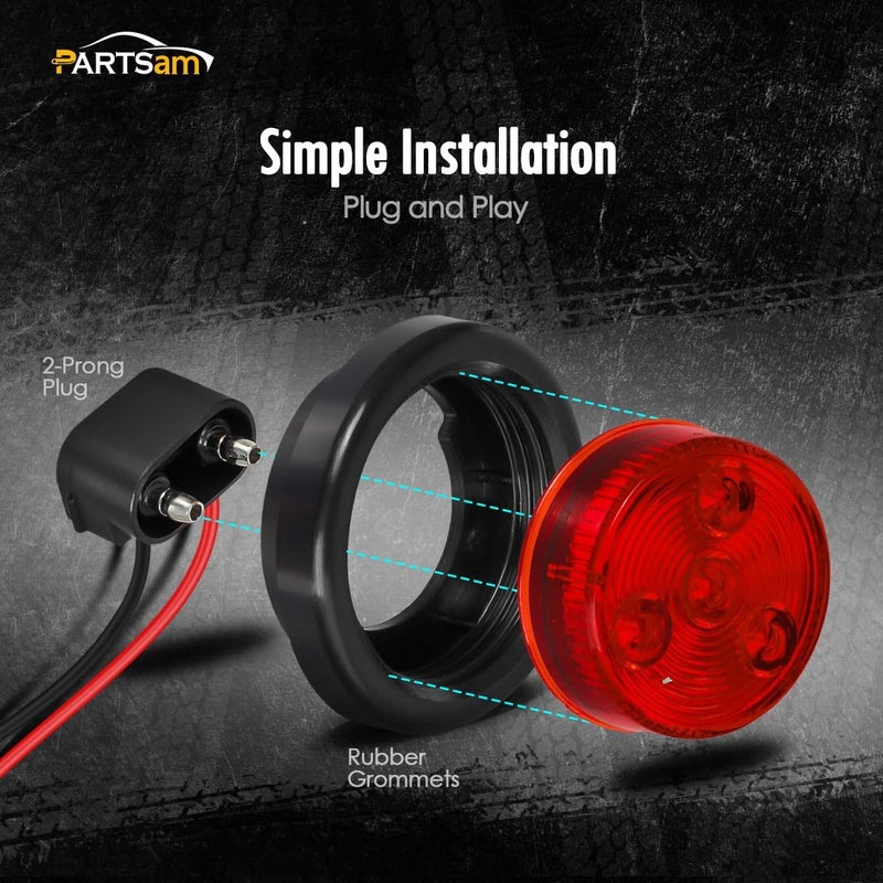 Partsam 2pcs Red Led Trailer 2" Round w/Plug & Grommet Kits, Marker, Flush Mount, Sealed 2" Round Led Marker Lights for RV Trucks - Image 5