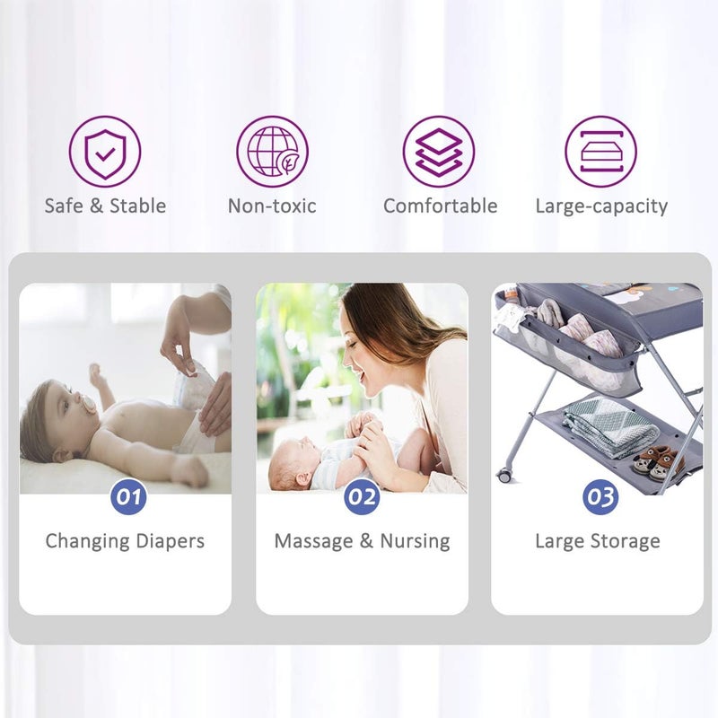 Baby Changing Table Portable Folding Diaper Changing Station with Wheels, Adjustable Height Mobile Nursery Organizer with Safety Belt and Large Storage Racks for Newborn Baby and Infant, Gray - Image 4