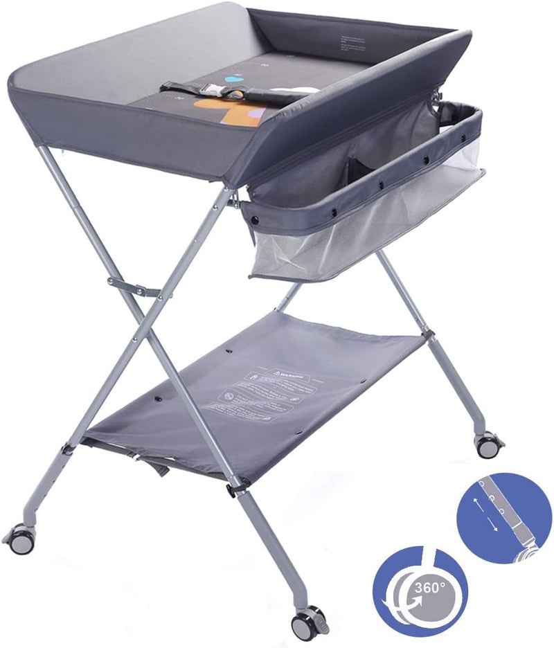Baby Changing Table Portable Folding Diaper Changing Station with Wheels, Adjustable Height Mobile Nursery Organizer with Safety Belt and Large Storage Racks for Newborn Baby and Infant, Gray - Image 1