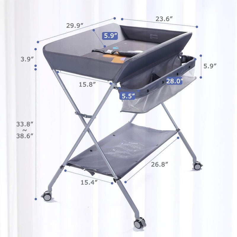 Baby Changing Table Portable Folding Diaper Changing Station with Wheels, Adjustable Height Mobile Nursery Organizer with Safety Belt and Large Storage Racks for Newborn Baby and Infant, Gray - Image 2