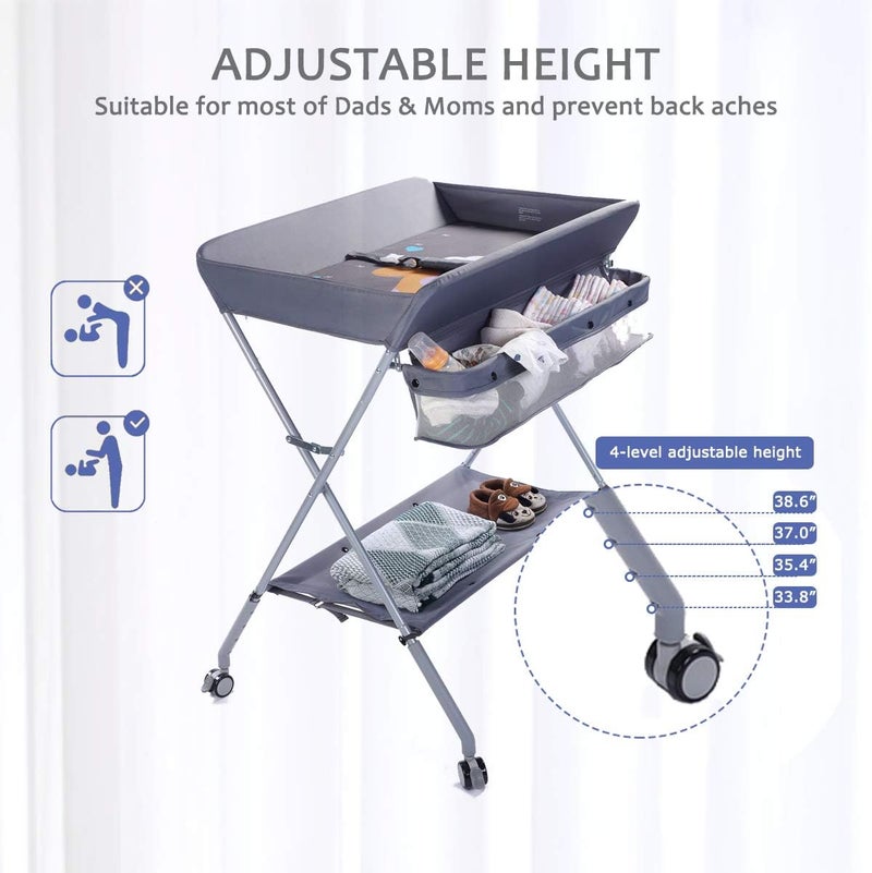Baby Changing Table Portable Folding Diaper Changing Station with Wheels, Adjustable Height Mobile Nursery Organizer with Safety Belt and Large Storage Racks for Newborn Baby and Infant, Gray - Image 5