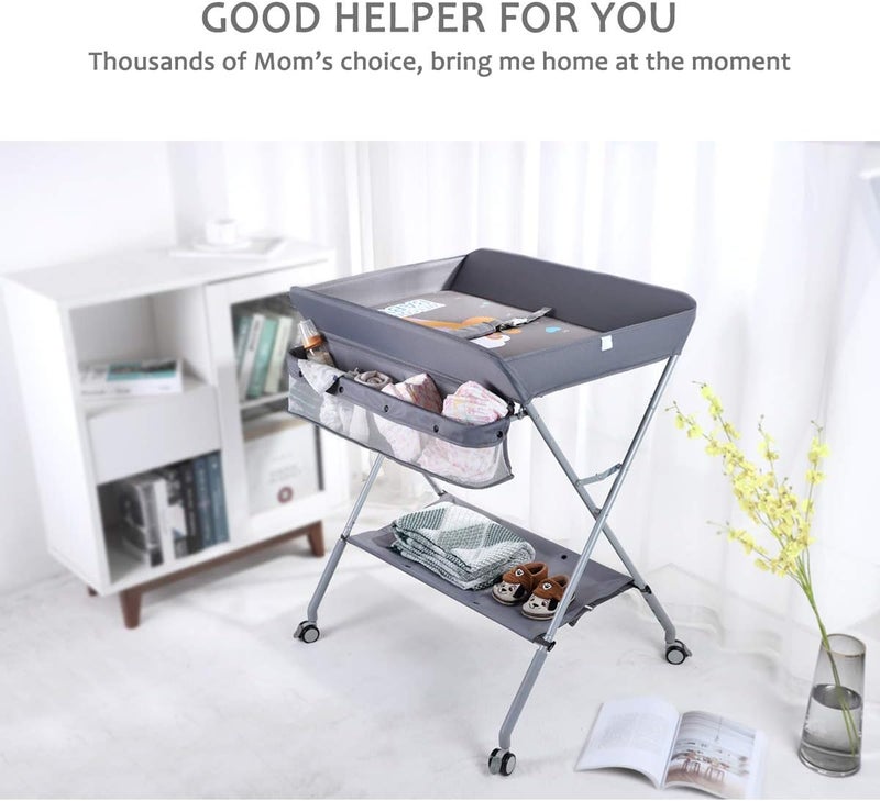 Baby Changing Table Portable Folding Diaper Changing Station with Wheels, Adjustable Height Mobile Nursery Organizer with Safety Belt and Large Storage Racks for Newborn Baby and Infant, Gray - Image 3