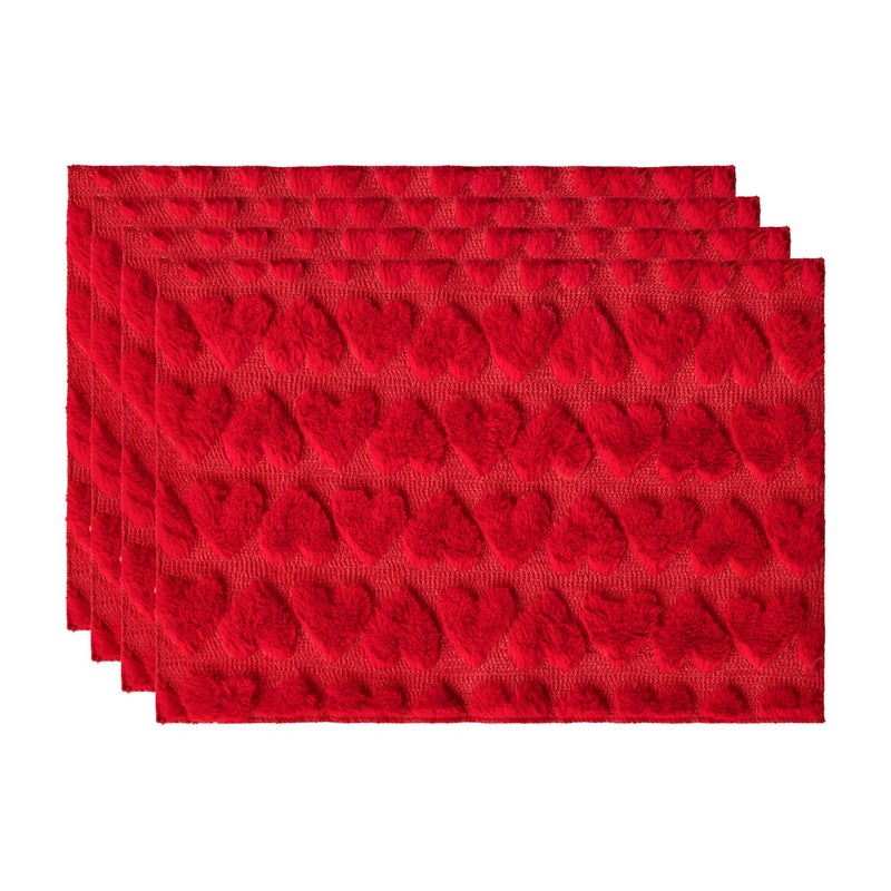 Artoid Mode Red Heart Placemats, 12x18 Inch Seasonal Soft Plush Faux Fur Wool Table Mats for Party Kitchen Dining Decoration Set of 4 - Image 1