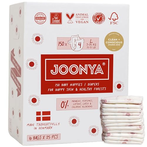 Joonya Baby Diapers Size 4 L 1531 lb 6 Bags of 25 150 Non Toxic EcoFriendly High Absorbency Overnight Use Ultra Slim Soft Made in Denmark - Image 1