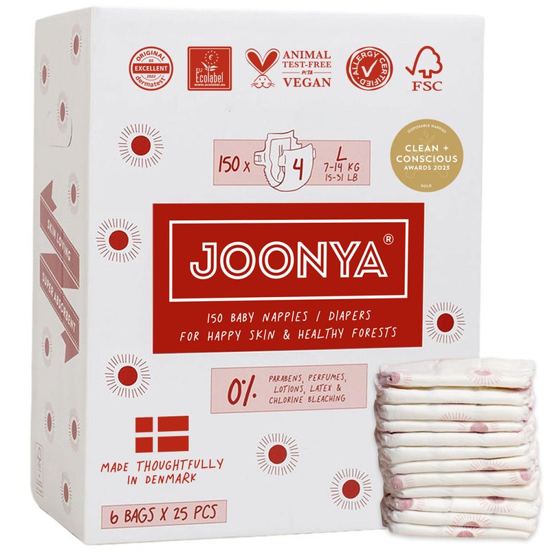 Joonya Baby Diapers Size 4 L 1531 lb 6 Bags of 25 150 Non Toxic EcoFriendly High Absorbency Overnight Use Ultra Slim Soft Made in Denmark - Image 2
