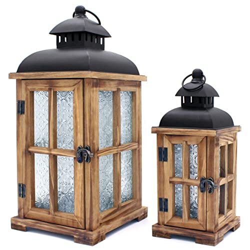 CVHOMEDECO. CVHOMEDECO Decorative Rustic Vintage Wood Candle Lantern with Black Metal Top and Embossed Glass Inserts for Home Patio Outdoor Decor Set of 2 