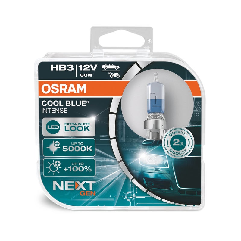 OSRAM COOL BLUE INTENSE HB3 100 more brightness up to 5000K halogen headlight lamp LED look duo box 2 lamps