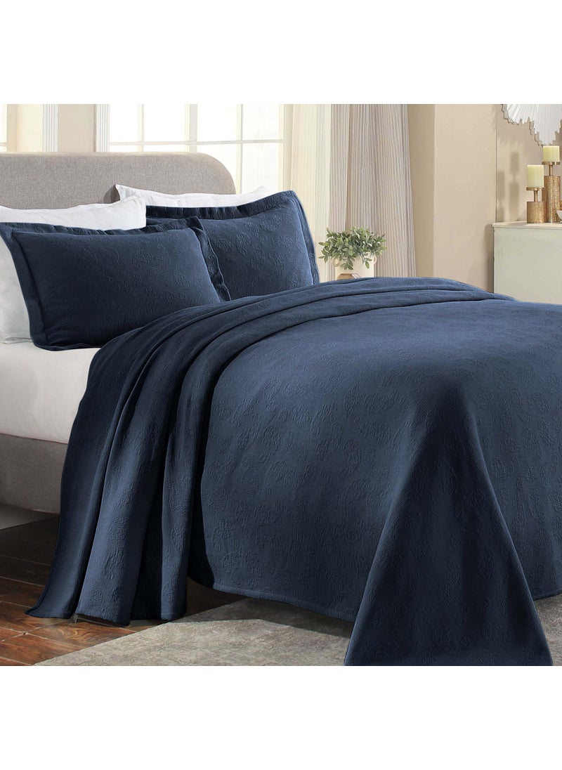 Superior Superior Paisley 3 Piece Cotton Bedspread Set Home Bed Decor Decorative Bed Spread 2 Pillow Shams Medium Weight Blanket Matelasse Coverlet Bedding Vintage Floral Pattern King Navy Blue 