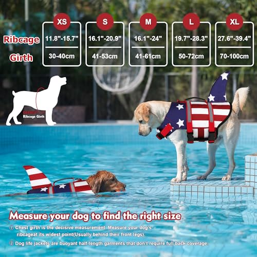 Dogcheer Dog Life Jacket Shark American Flag Dog Life Vest with Reflective Stripes Rescue Handle Adjustable High Buoyancy Puppy Swim Float Vest for Small Medium Large Dogs USA Flag M - Image 3