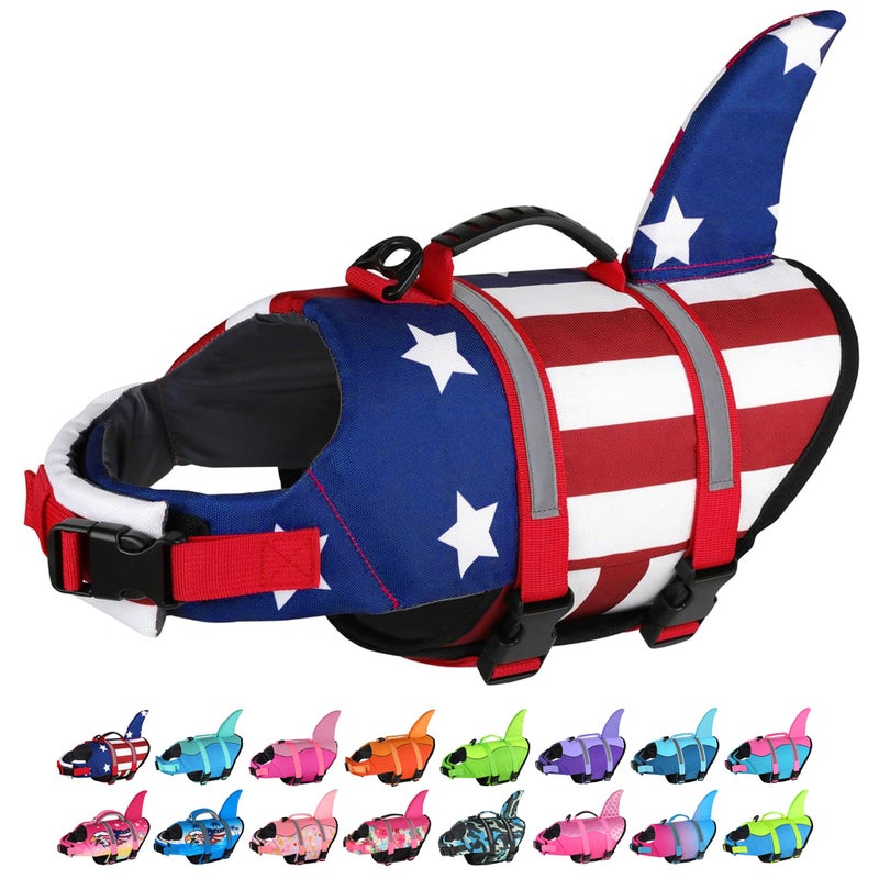 Dogcheer Dog Life Jacket Shark American Flag Dog Life Vest with Reflective Stripes Rescue Handle Adjustable High Buoyancy Puppy Swim Float Vest for Small Medium Large Dogs USA Flag M - Image 2