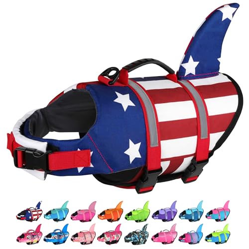 Dogcheer Dog Life Jacket Shark American Flag Dog Life Vest with Reflective Stripes Rescue Handle Adjustable High Buoyancy Puppy Swim Float Vest for Small Medium Large Dogs USA Flag M - Image 1