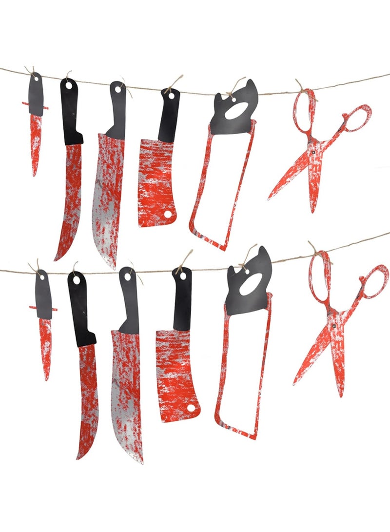 VUCATIN 12-Pcs Gag Toys Garland Banner Props Fake Knives with Fake Blood Banner Decorations Zombie Vampire Party Supplies for Haunted House Bar Indoor Outdoor Yard Décor Hanging Banner - Image 1