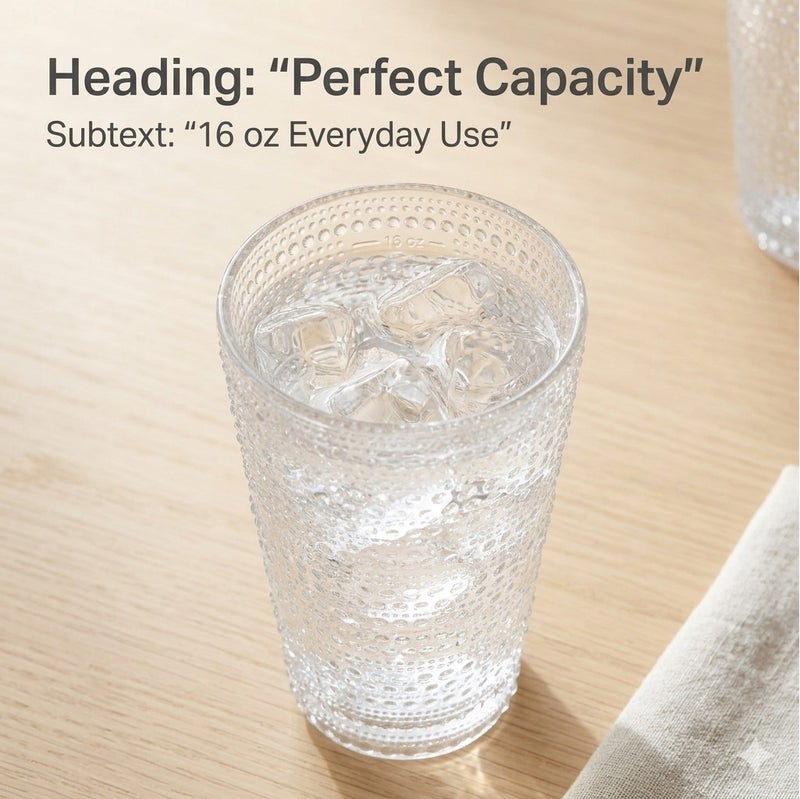 TarHong 16oz Beaded Jumbo Clear Tumbler – Durable BPA-Free Acrylic Drinking Glass, Elegant Textured Cup for Water, Juice & Cold Drinks, Shatter Resistant Reusable Drinkware for Home, Outdoor, Picnic & Party Use - Image 4