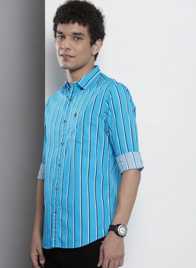 شركة المرآب الهندية Men Regular Fit Striped Full Sleeves Cutaway Collar Casual Shirt