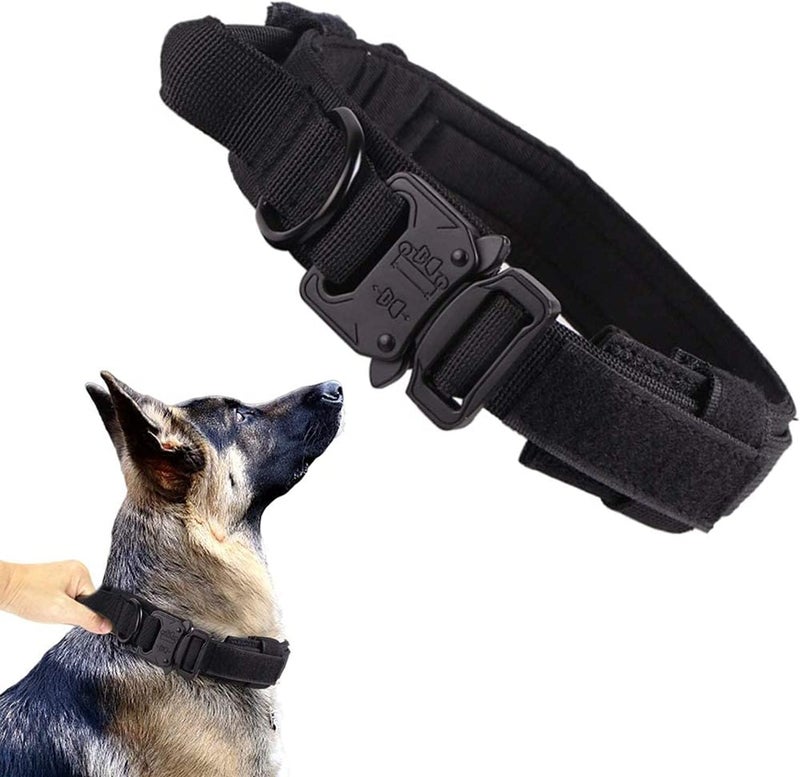 SOLARAE Dog Collar Tactical Dog Collar Military Dog Collar Adjustable Nylon Dog Collar Heavy Duty Metal Buckle with Handle for Dog Training (Black, M) - Image 1