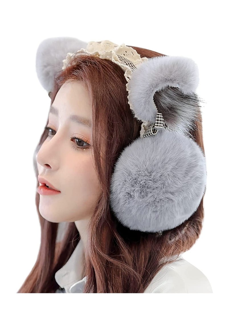 SYOSI Cozy Faux Fur Earmuffs, Winter Thermal Fleece Ear, Ladies Novelty Lace Cosplay Costume Cat Ear Foldable Headband Outdoor Ski Windproof Ear Wrap Protector(Grey) - Image 4