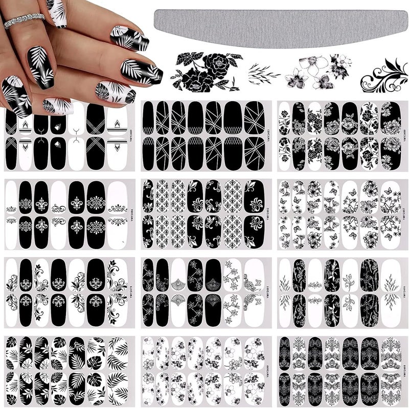 EBANKU Black White Full Wraps Nail Stickers 12 Sheets Flower Butterfly Retro Pattern Decals French Classic Simple Self Adhesive Decals for Girl Women Nails Art DIY Decoration Leaves