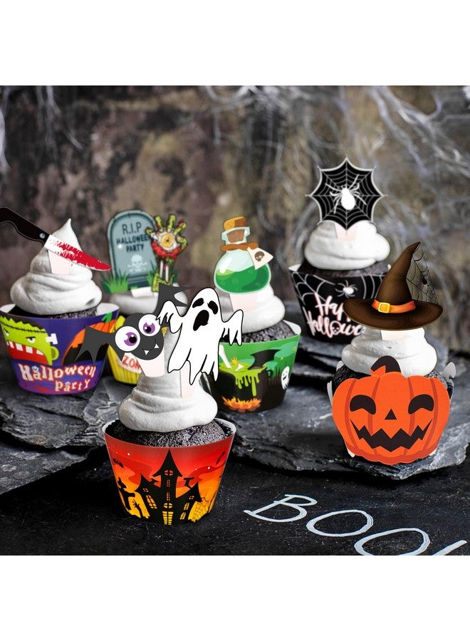 jollylife 164PCS Halloween Cupcake Toppers Wrappers - Spider Web Pumpkin Zombie Hand Cake Party Decorations Supplies - Image 3