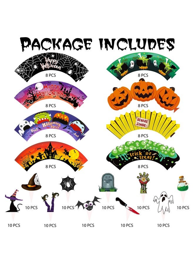 jollylife 164PCS Halloween Cupcake Toppers Wrappers - Spider Web Pumpkin Zombie Hand Cake Party Decorations Supplies - Image 5