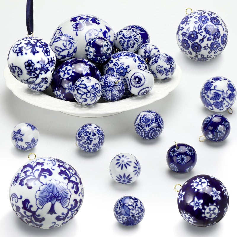FoldTier 24 Pcs 32 24 16 12 Blue and White Ceramic Balls Decorative Balls for Bowls Chinoiserie Porcelain Decor Orbs Vase Filler Blue White Porcelain Decorative Orbs for Basket Bowl