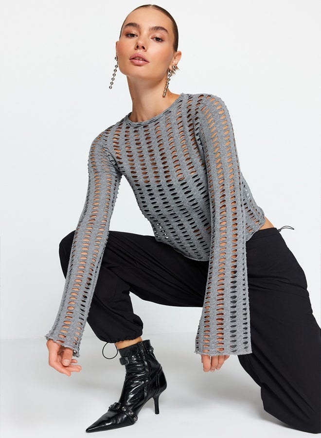 trendyol Gray Mesh Spanish Sleeve Slim Fit Crop Crew Neck Knitted Blouse - Image 3