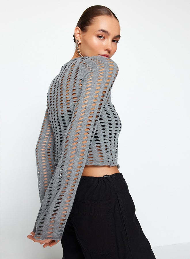 trendyol Gray Mesh Spanish Sleeve Slim Fit Crop Crew Neck Knitted Blouse - Image 2