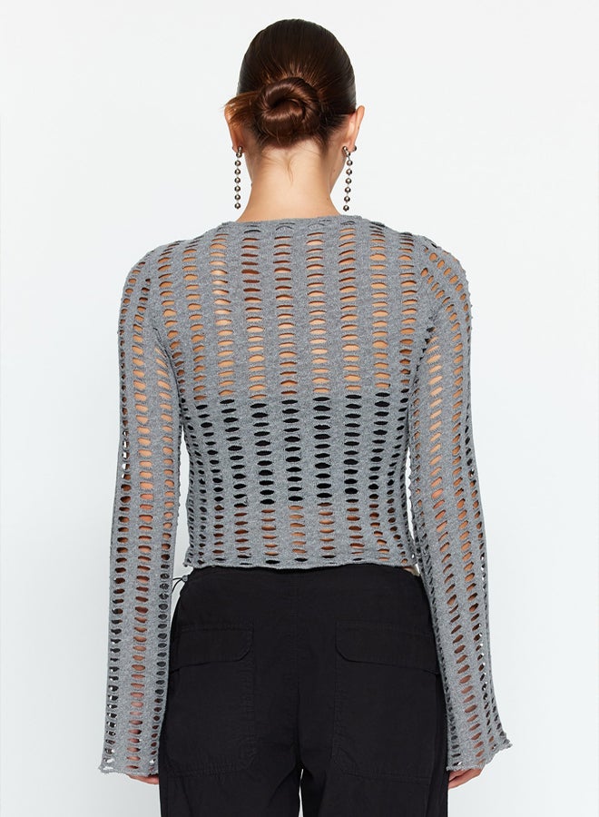 trendyol Gray Mesh Spanish Sleeve Slim Fit Crop Crew Neck Knitted Blouse - Image 5