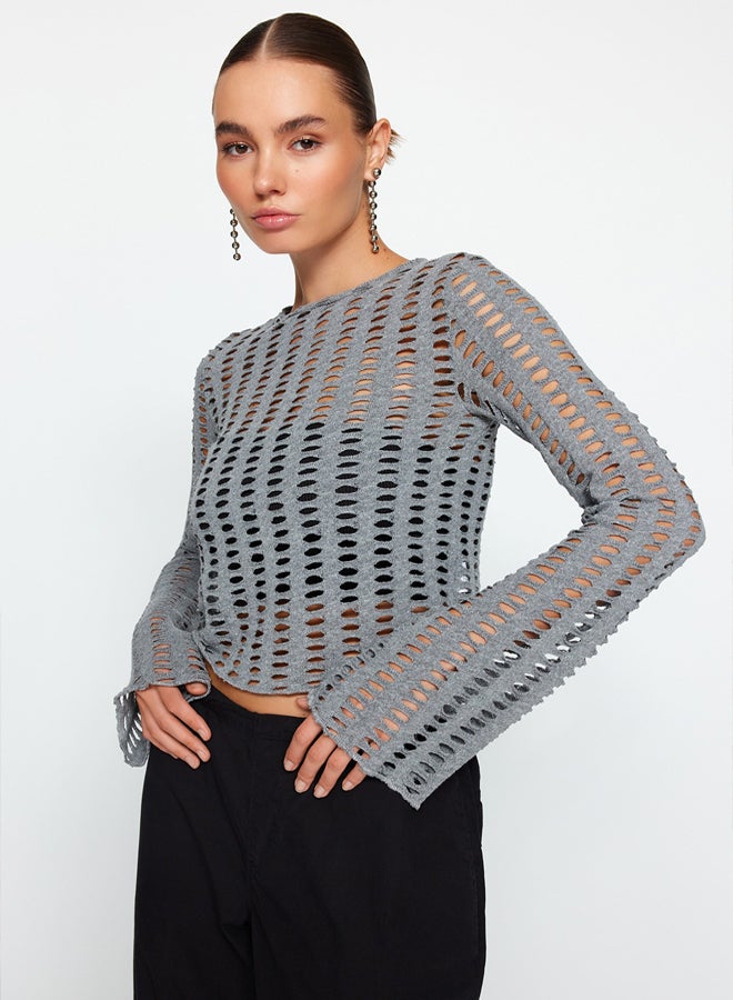 trendyol Gray Mesh Spanish Sleeve Slim Fit Crop Crew Neck Knitted Blouse - Image 1