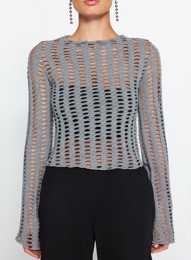 trendyol Gray Mesh Spanish Sleeve Slim Fit Crop Crew Neck Knitted Blouse - Image 4
