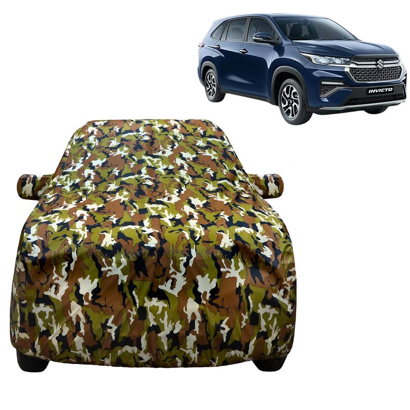 VYAS 100% Waterproof Car Body Cover for Maruti Suzuki Invicto (2023-2025) with Mirror Pocket Triple Stitched Belt & Buckle Fitting Dual Elastic, Durable Material Jungle Print Camouflage Design - Image 1