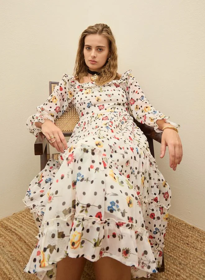SASSAFRAS Sassafras Polka Floral Print Square Neck Midi Dress