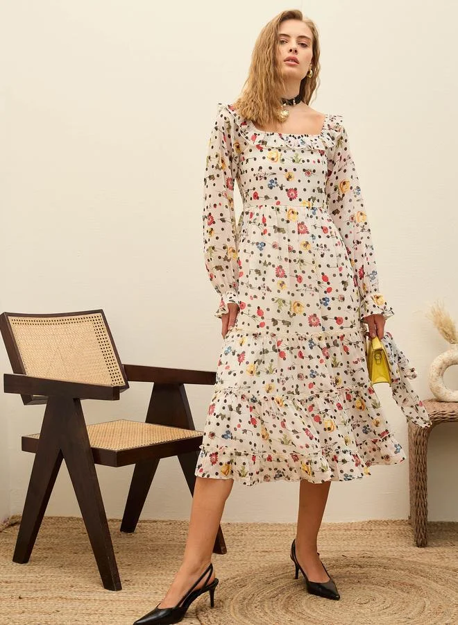 SASSAFRAS Sassafras Polka Floral Print Square Neck Midi Dress
