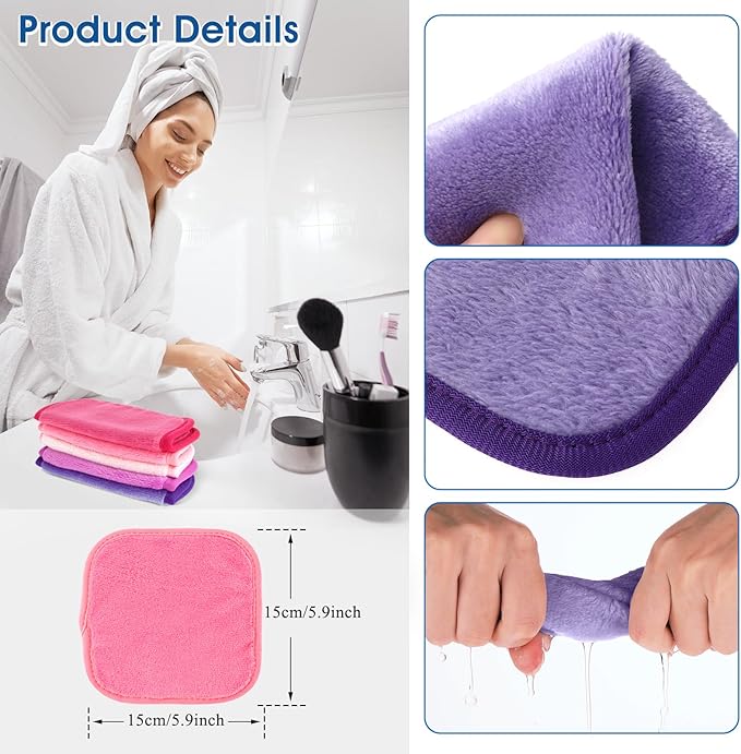 Amaxiu 5Pcs Makeup Remover Cloths Microfiber Reusable Fast Drying Washcloth Face Towels for Women Face Wash Cloth for Sensitive Skin Daily Travel Eye SkincareA - Image 3